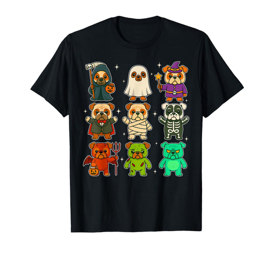 Cute Bulldog Dogs Witch Pumpkin Skeleton Costume Halloween T-Shirt