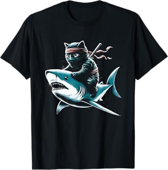 Ninja Cat Riding Shark - Funny Graphic Cat Kitten Lover T-Shirt for Men Women Kids
