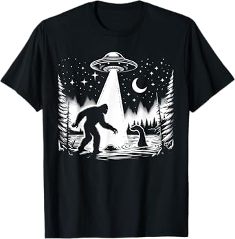 Cryptid Bigfoot, Loch Ness Monster, & UFO Alien Spaceship T-Shirt