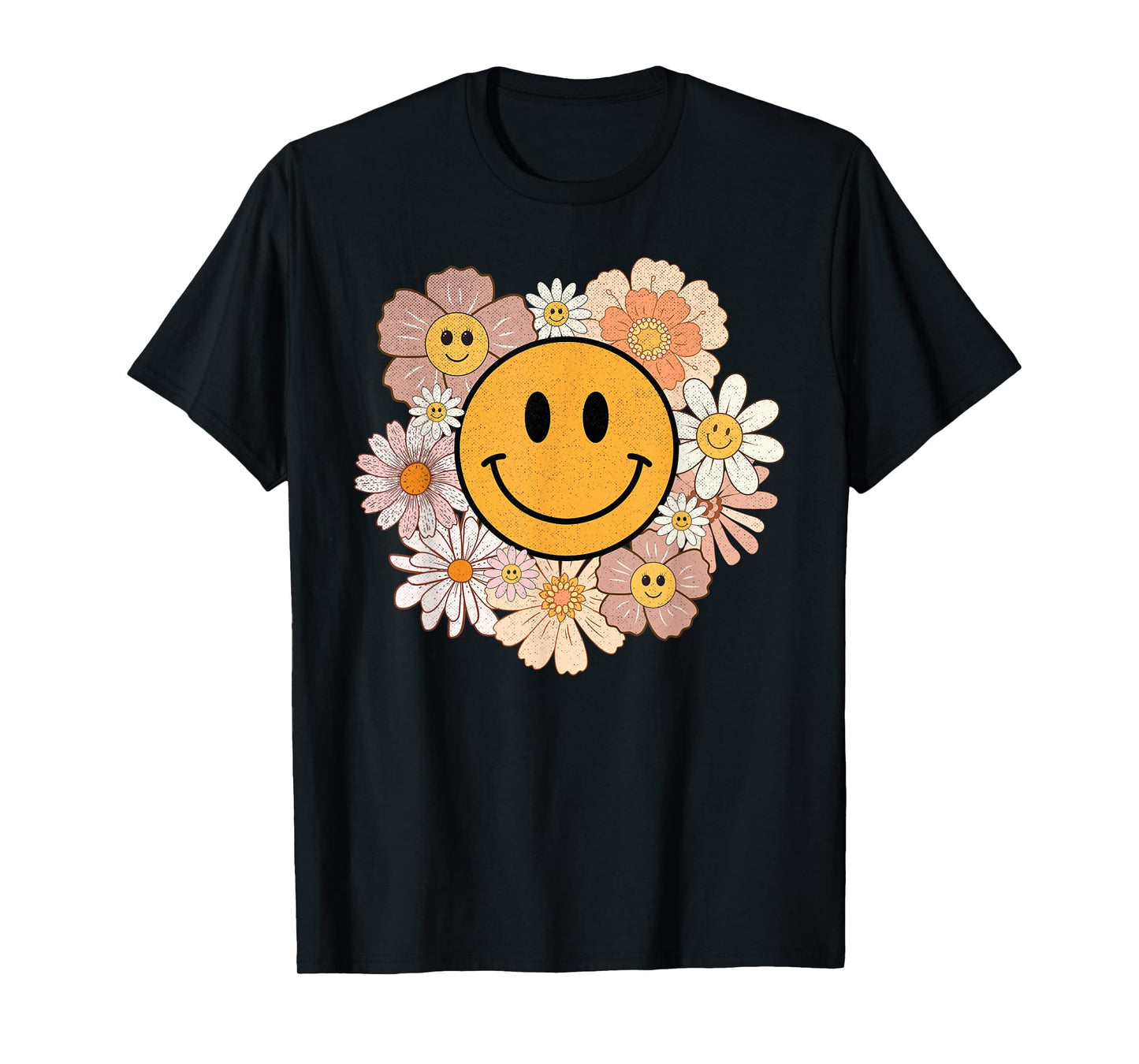 Retro Groovy Smile Happy Face Cute Hippie Flowers 70s T-Shirt