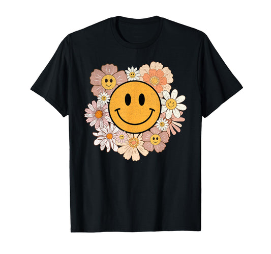 Retro Groovy Smile Happy Face Cute Hippie Flowers 70s T-Shirt