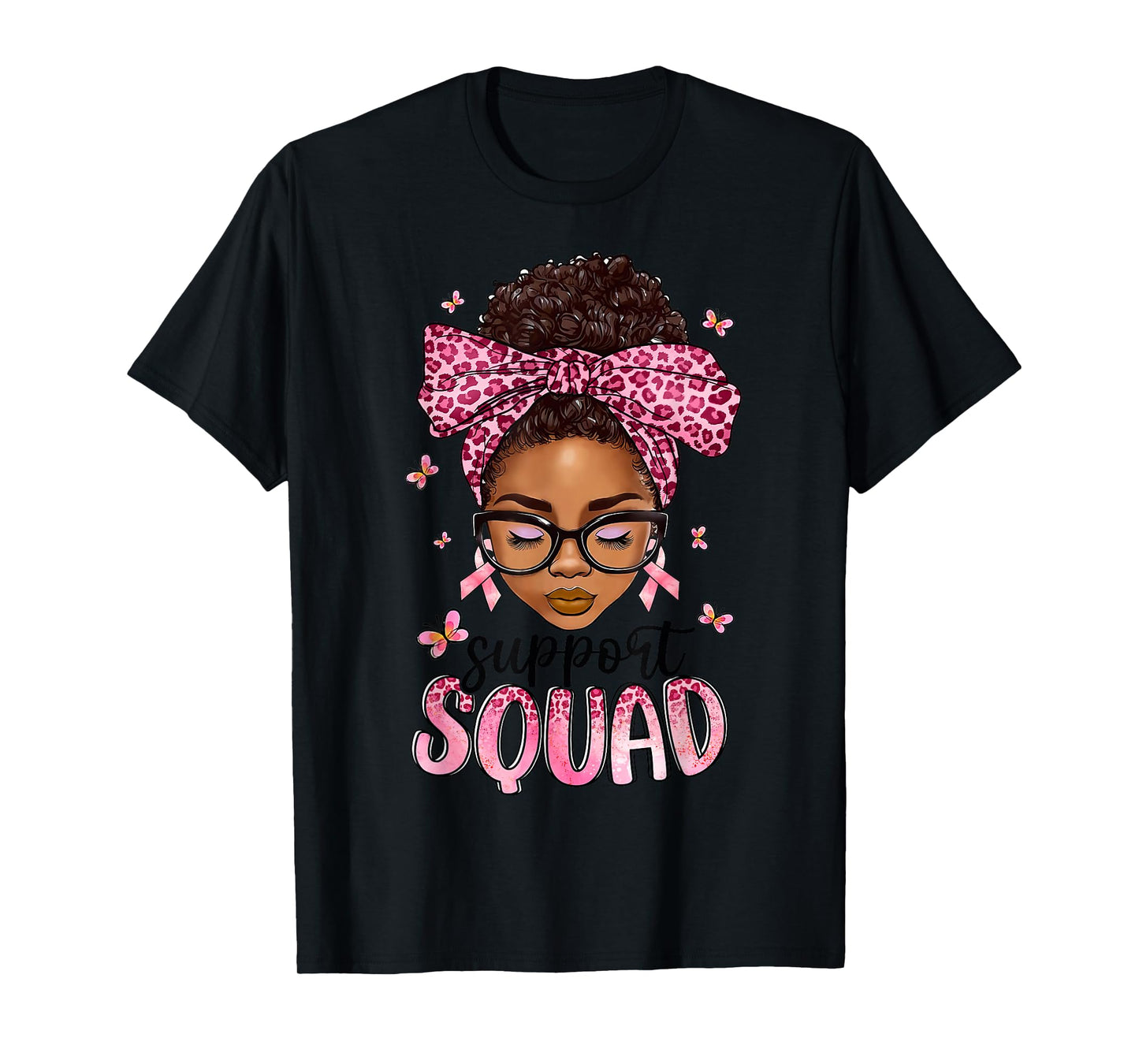 Support Squad Breast Cancer Awareness Messy Bun Black Woman T-Shirt