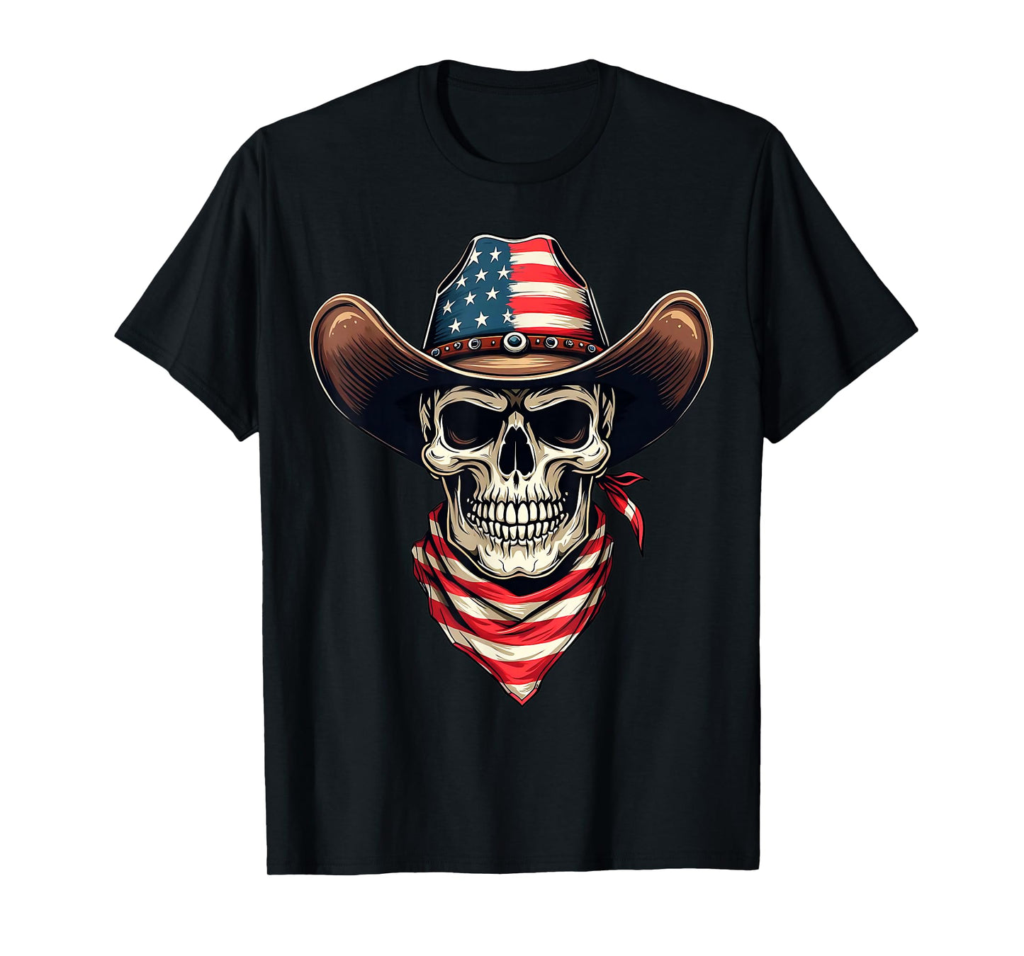 Western Cowboy Skeleton Skull Us American Flag Cowgirl Rodeo T-Shirt