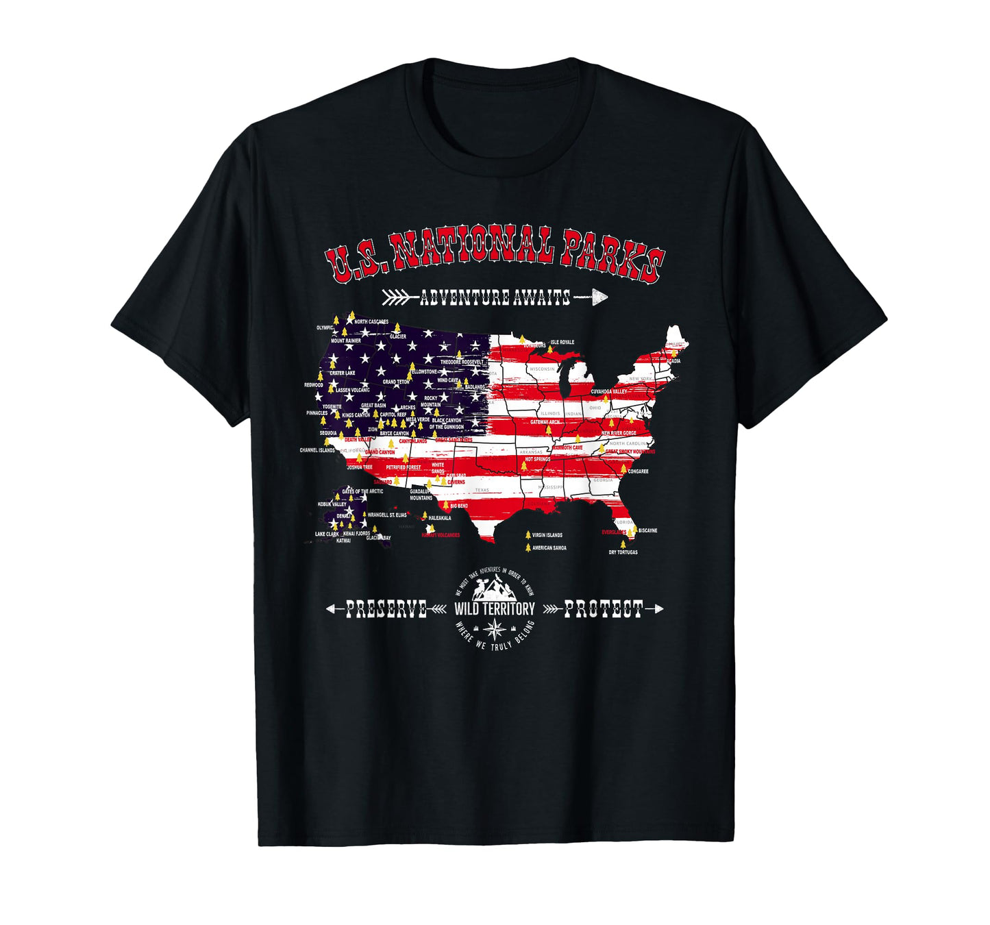 63 National Parks Map - Vintage American Flag Hiking Camping T-Shirt