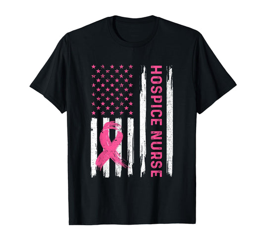 Hospice Nurse American Flag Nurse Breast Cancer Awareness T-Shirt