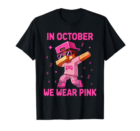 in October We Wear Pink Boys Breast Cancer Awareness Gaming T-Shirt