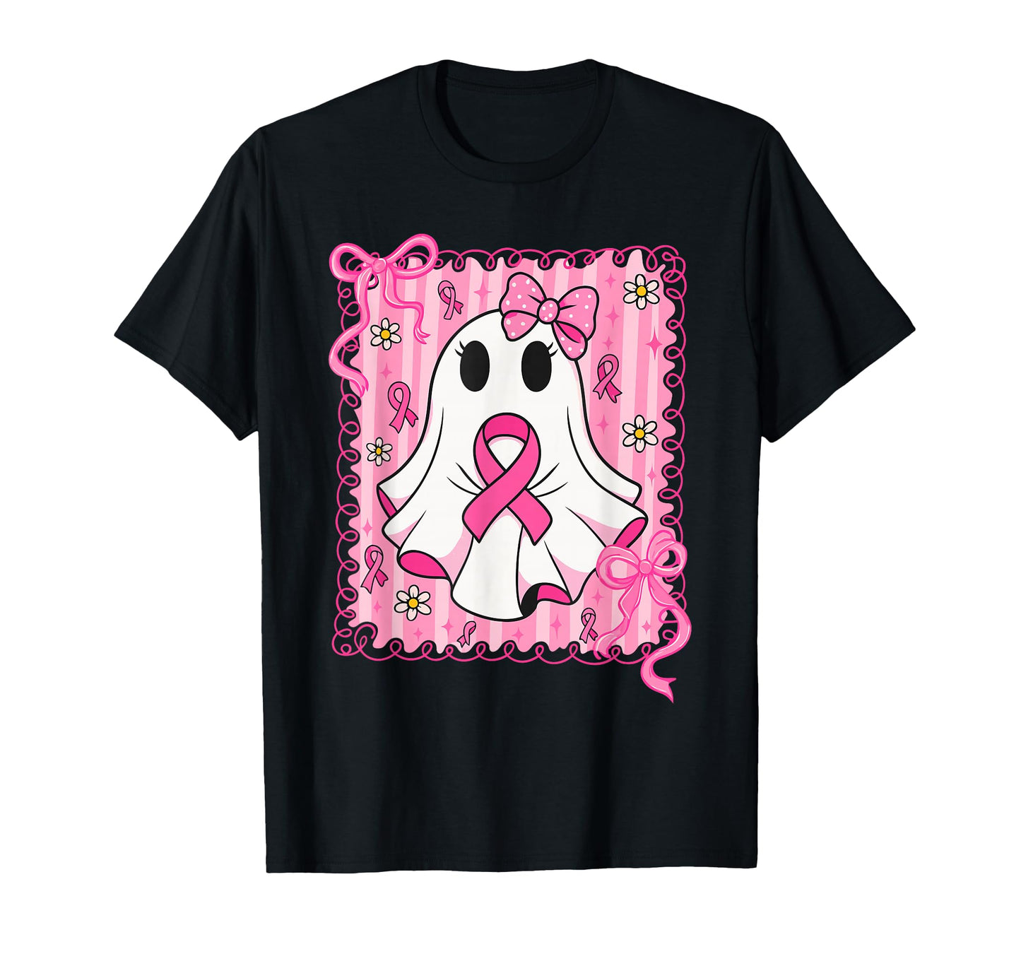 Preppy Pink Ribbon Ghost, Breast Cancer Awareness Halloween T-Shirt