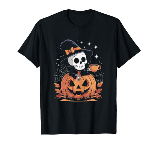 Cute Skeleton Drinking Coffee Lover Halloween Costumes Women T-Shirt