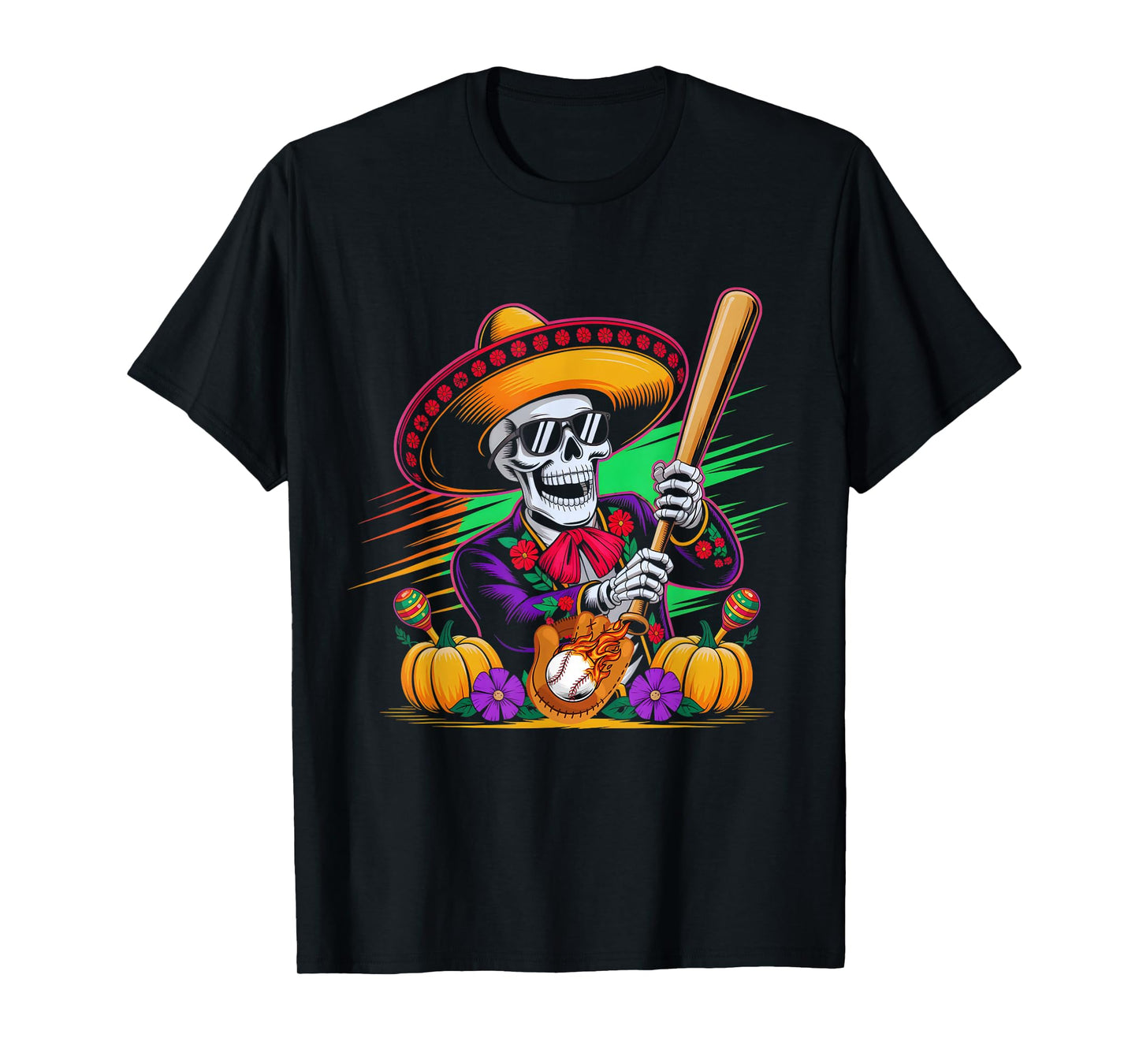 Mariachi Holloween Skeleton Baseball Holloween Fiesta Funny T-Shirt