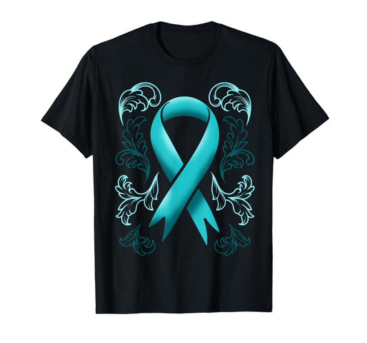 Ovarian Cancer Awareness Ribbon Teal Carcinoma Gynecology T-Shirt