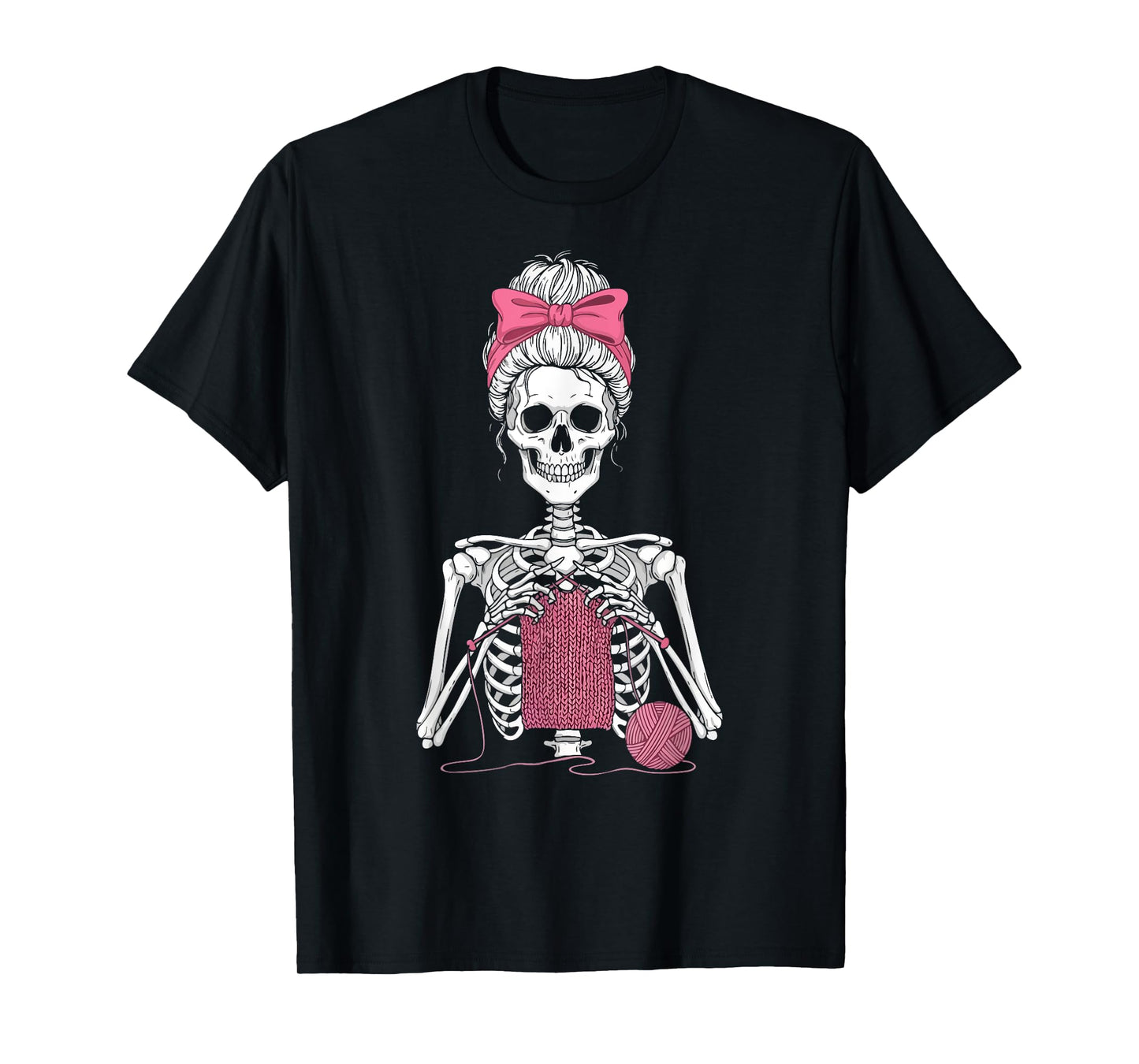 Skeleton Messy Bun Crochet Knitting Lovers Spooky Halloween T-Shirt