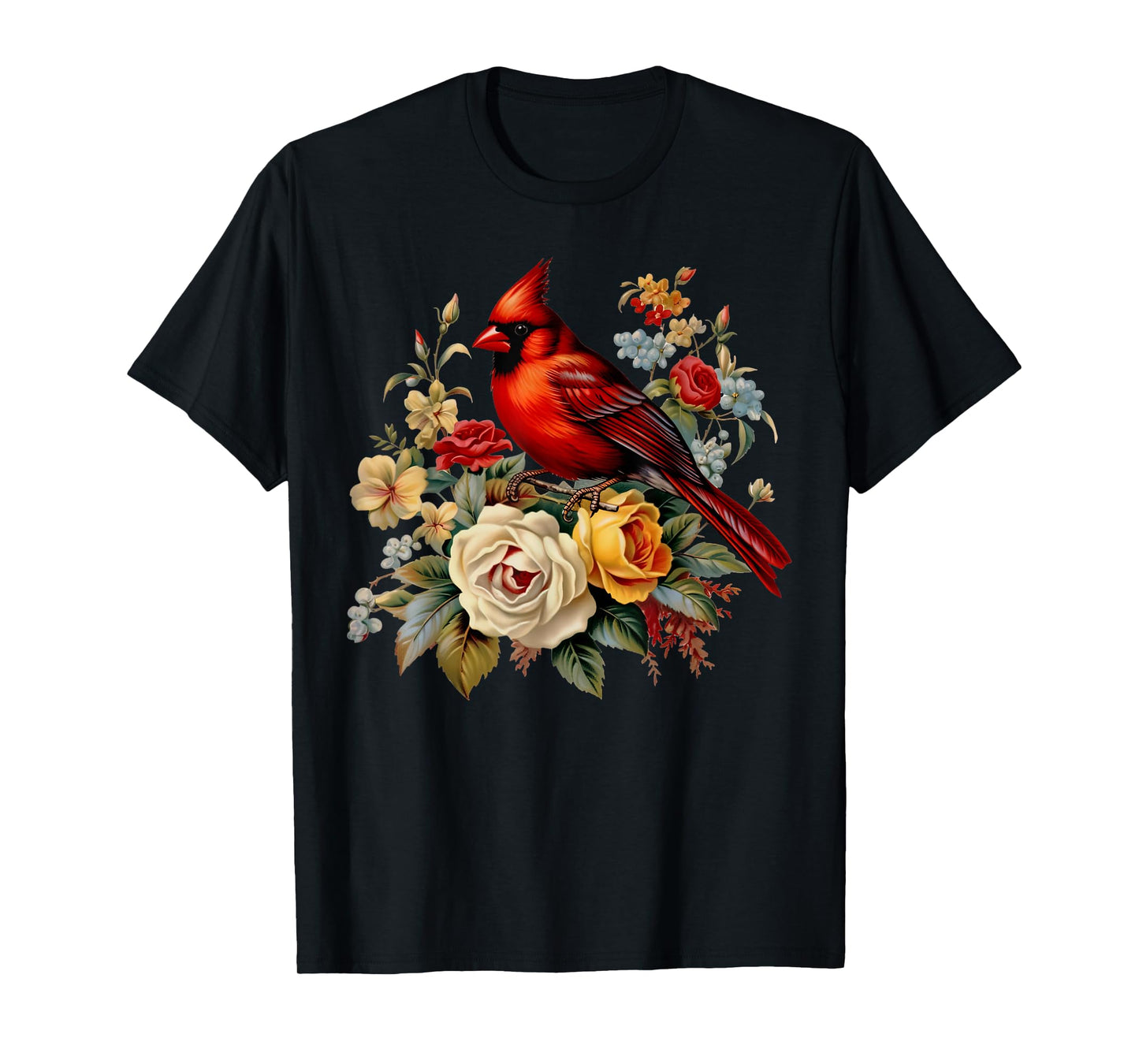 Red Cardinal Bird Roses Floral Nature Bird Watching T-Shirt