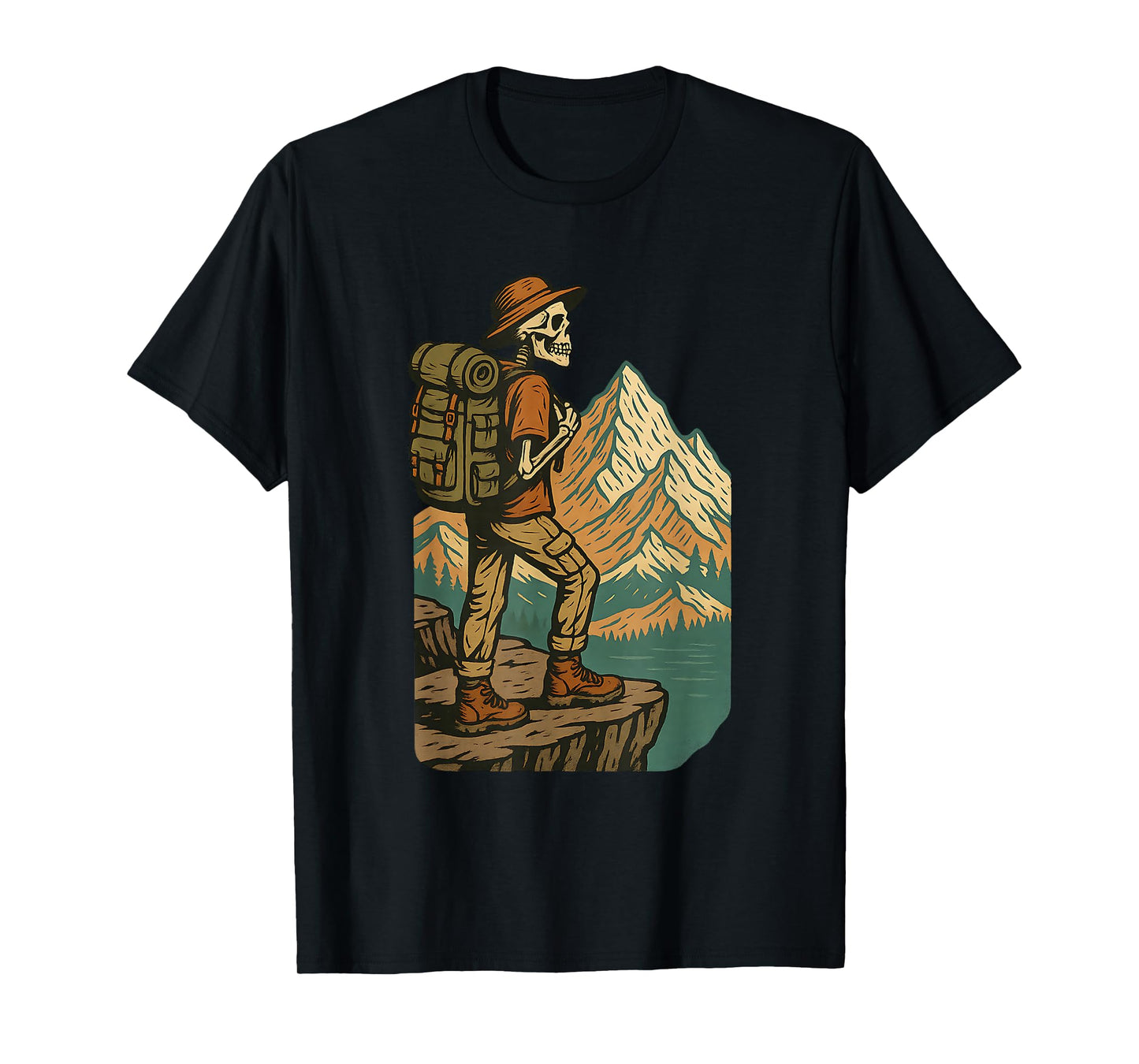 Funny Skeleton Hiker Camping Mountains Vintage Halloween T-Shirt