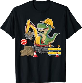 Dinosaur Construction Worker Excavator Truck Kids Boy Girl T-Shirt