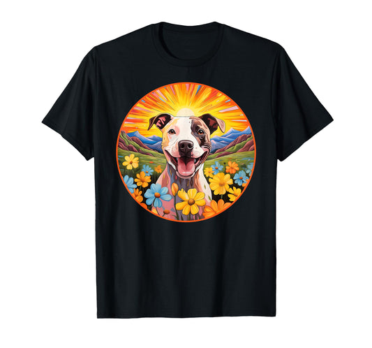 Cute Pitbull Colorful Flower Mountain Sunset Puppy Dog T-Shirt