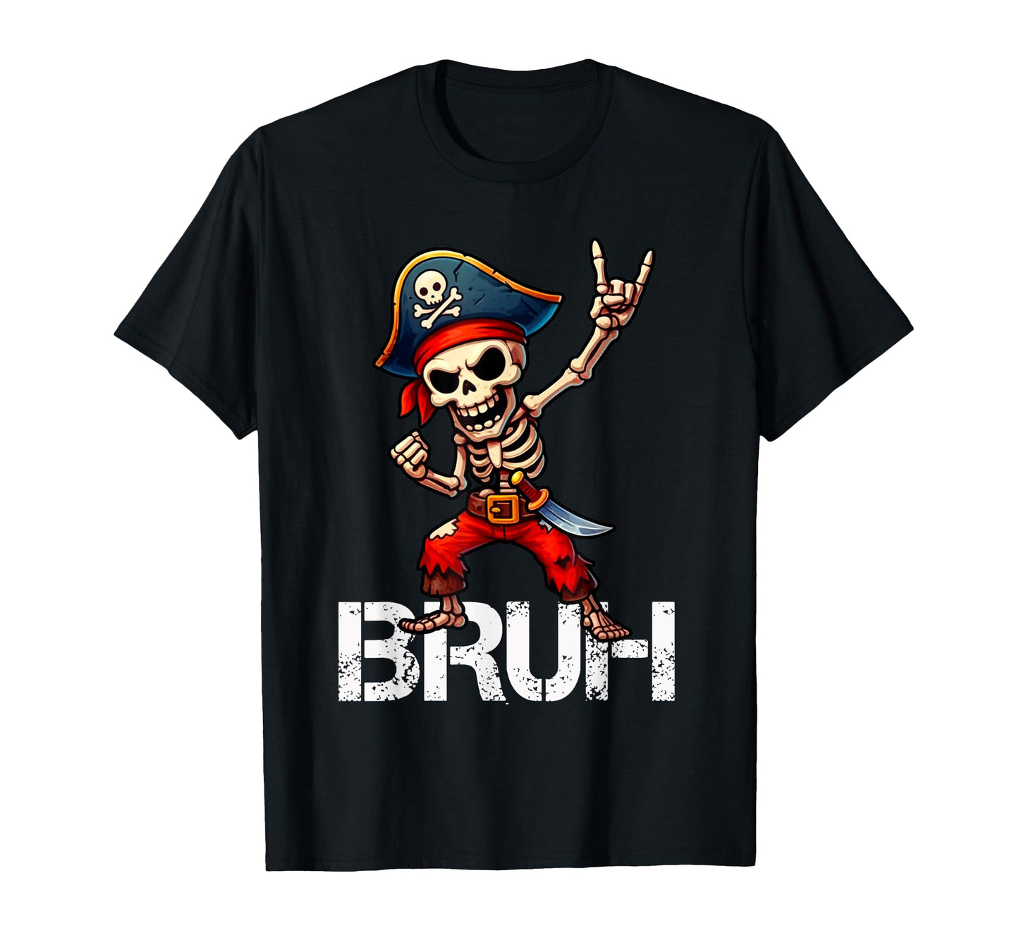 Bruh Pirate Skeleton Rock on Funny Halloween Pirate Men Boys T-Shirt