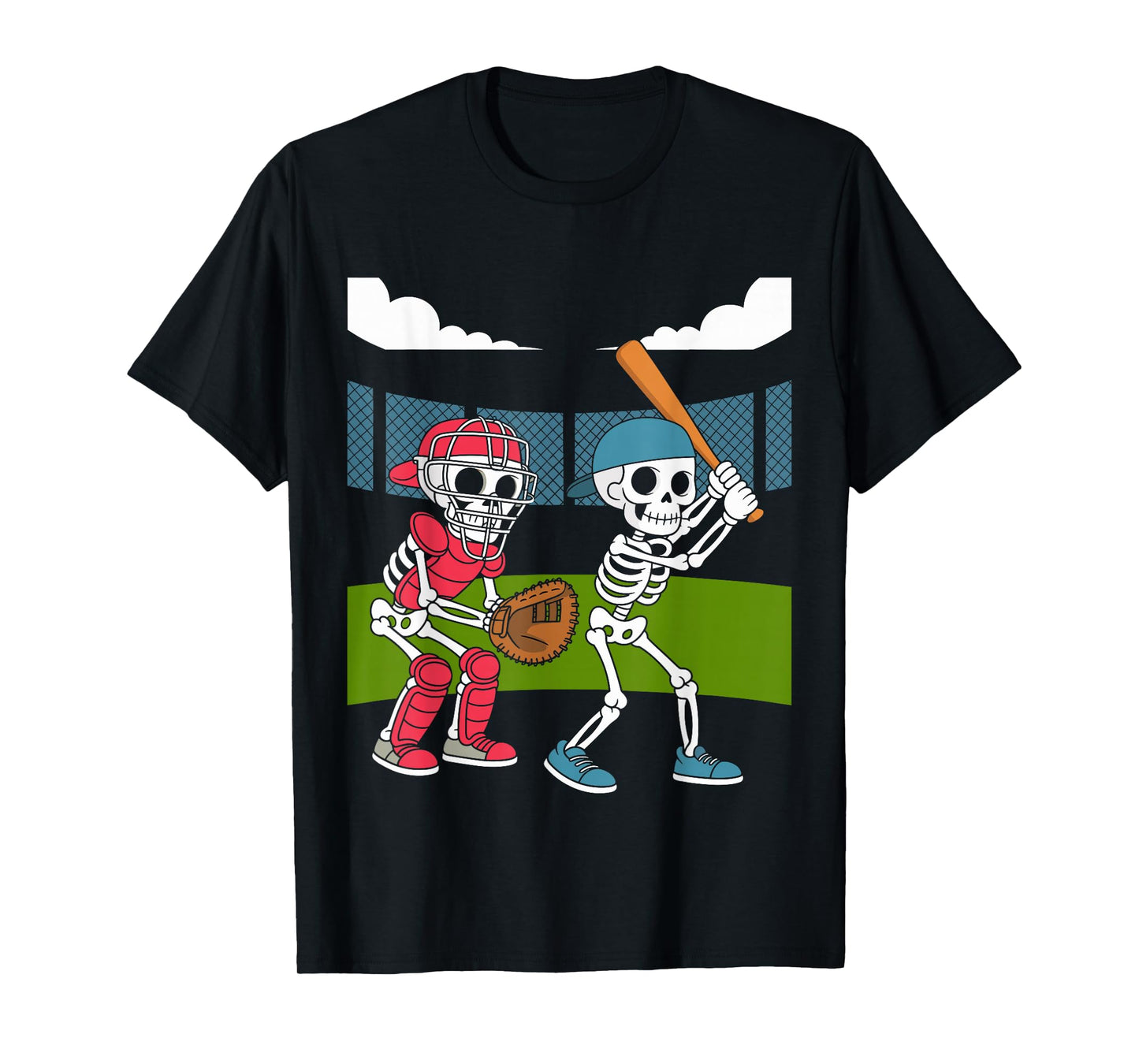 Halloween Skeleton Baseball Field Batter Catcher Graphic T-Shirt