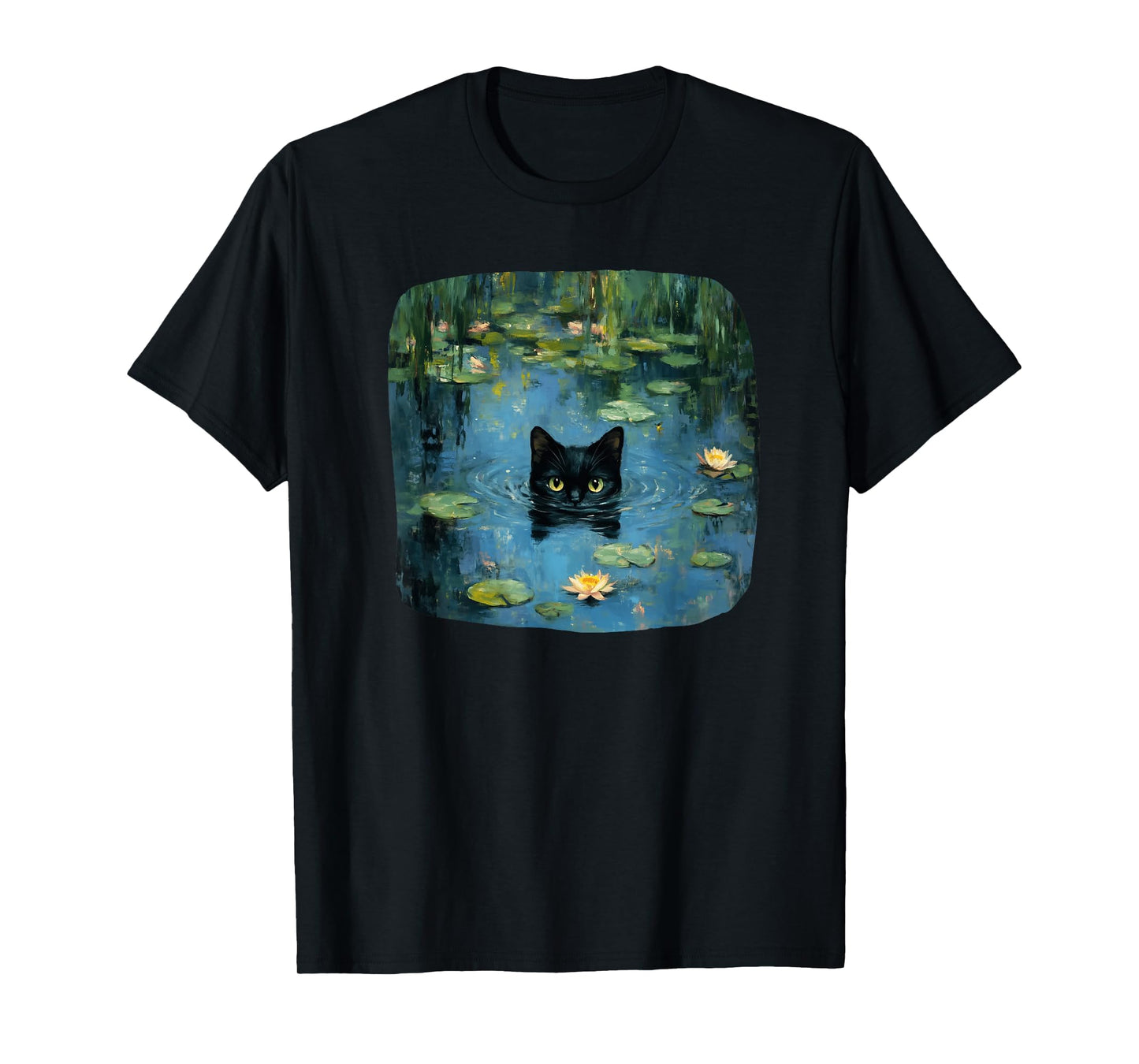 Mystical Black Cat Swimming in Waterlily Pond Art Lover Men Women Kids T-Shirt