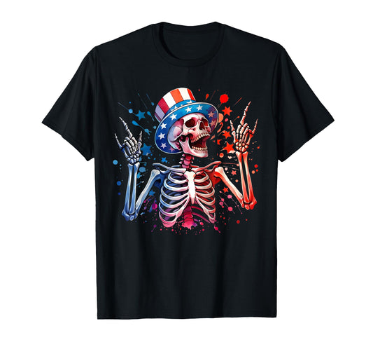 Party in The USA Rock Hand July 4th Funny American Skeleton T-Shirt for Women Kids Men
