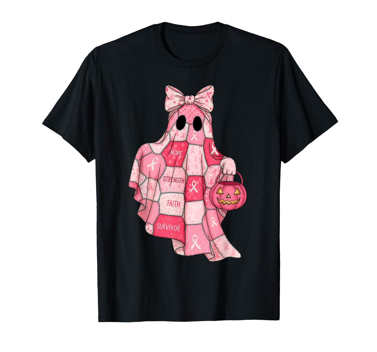 Pink Patchwork Ghost Witch Breast Cancer Awareness Halloween T-Shirt