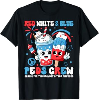 Retro 4th Of July Red White Blue PEDS Crew Ice Cream US Flag T-Shirt