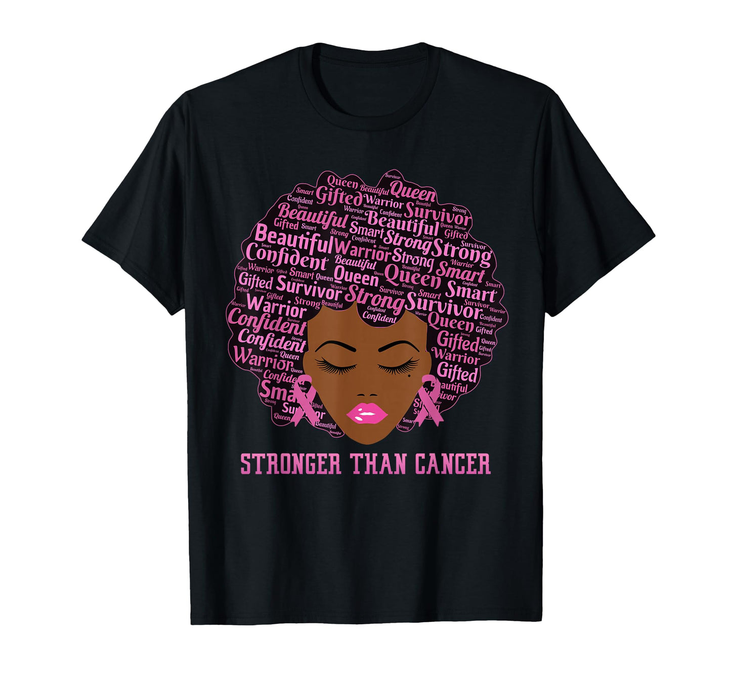 Black Women Queen Stronger Than Breast Cancer Pink Ribbon T-Shirt