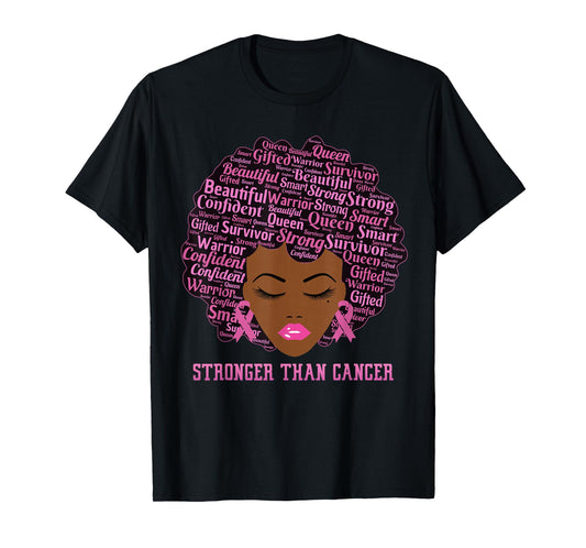 Black Women Queen Stronger Than Breast Cancer Pink Ribbon T-Shirt