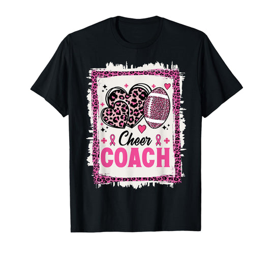 Cheer Coach Leopard Cheerleading Football Breast Cancer T-Shirt