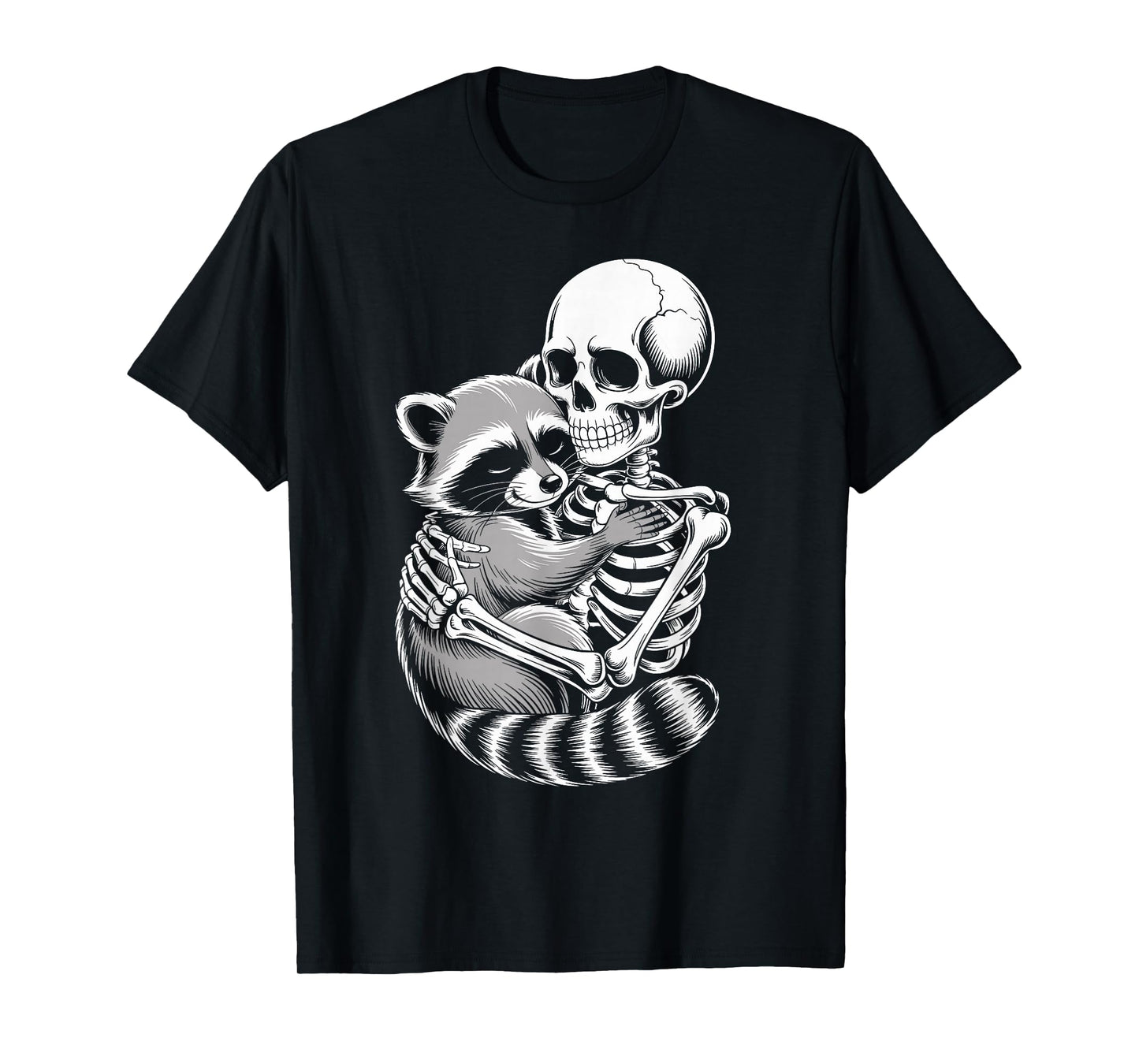Skeleton Hugging Raccoon Halloween Creepy Cute Spooky Season T-Shirt