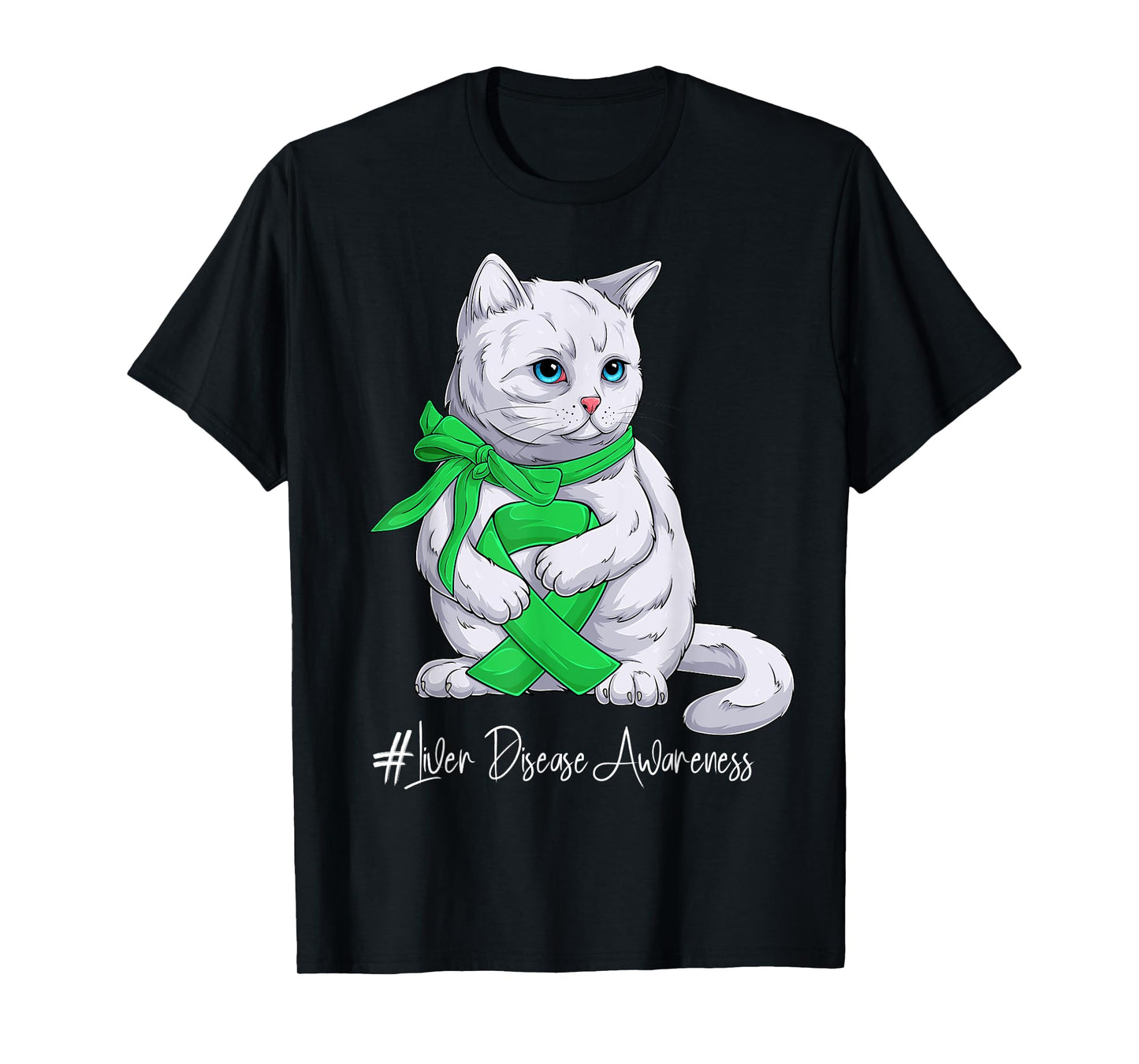 Liver Disease Awareness Month Green Ribbon Cat T-Shirt for Men Women Kids