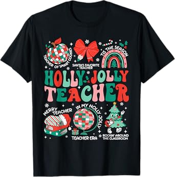 Holly n Jolly Teacher Christmas Coquette Bow Retro Xmas Pjs T-Shirt