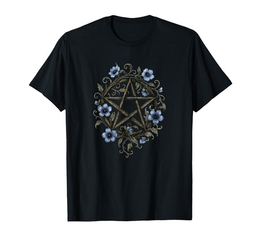 Rustic Pentacle & Blue Flowers Witchy Magic Cottagecore T-Shirt