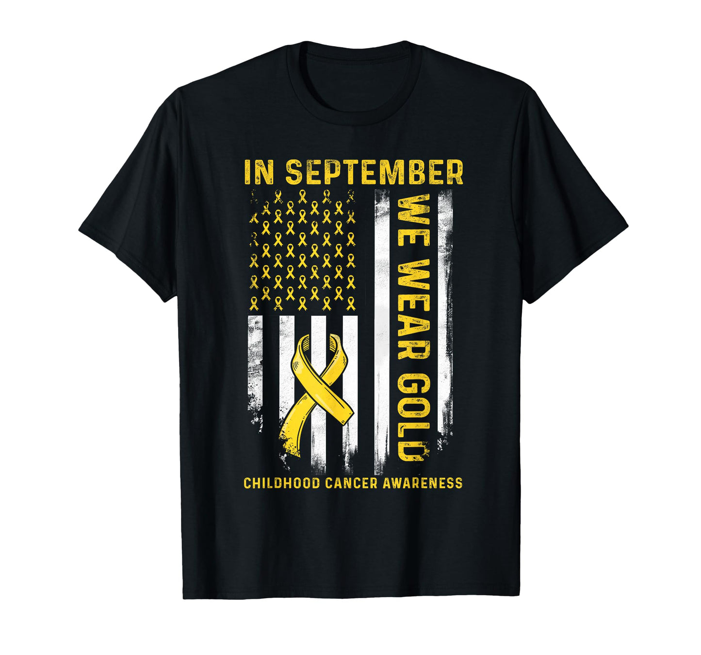 in September We Wear Gold Us Flag Childhood Cancer Awareness T-Shirt