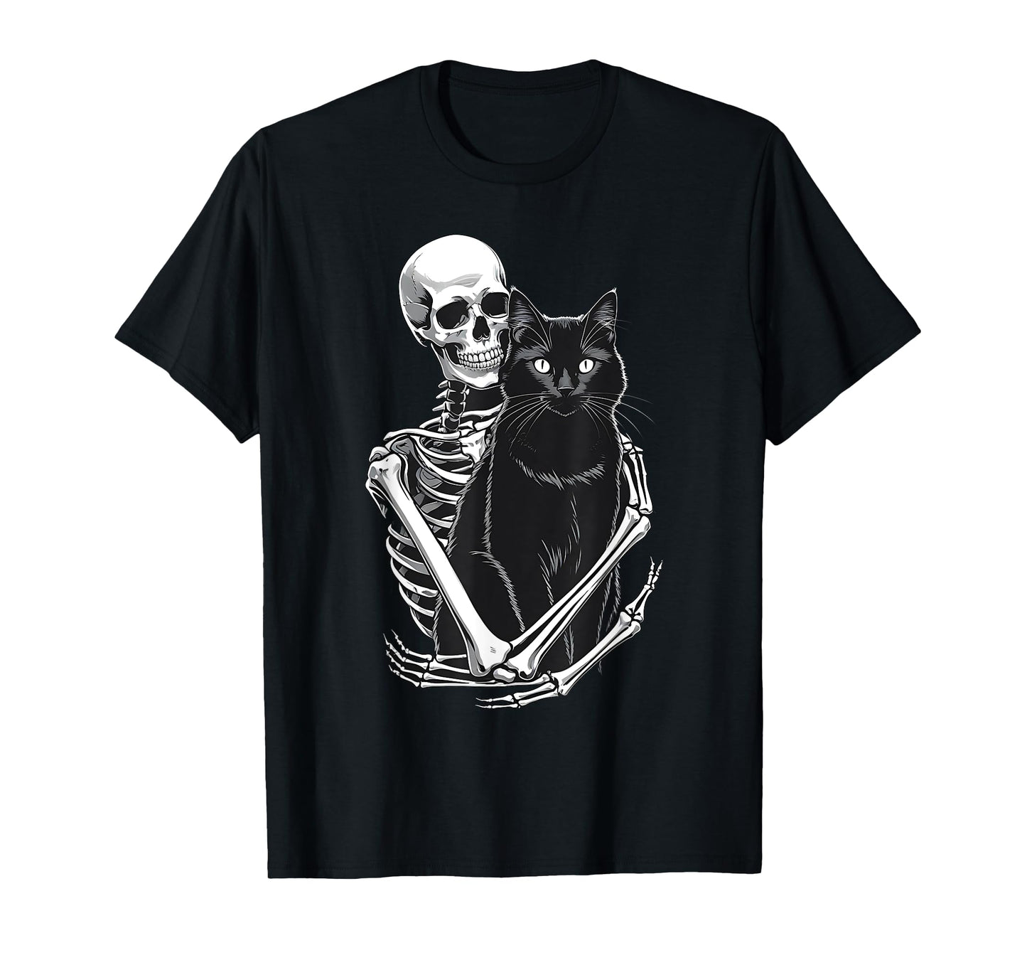 Halloween Skeleton Hugging Black Cat Gothic Black Cat Lover T-Shirt