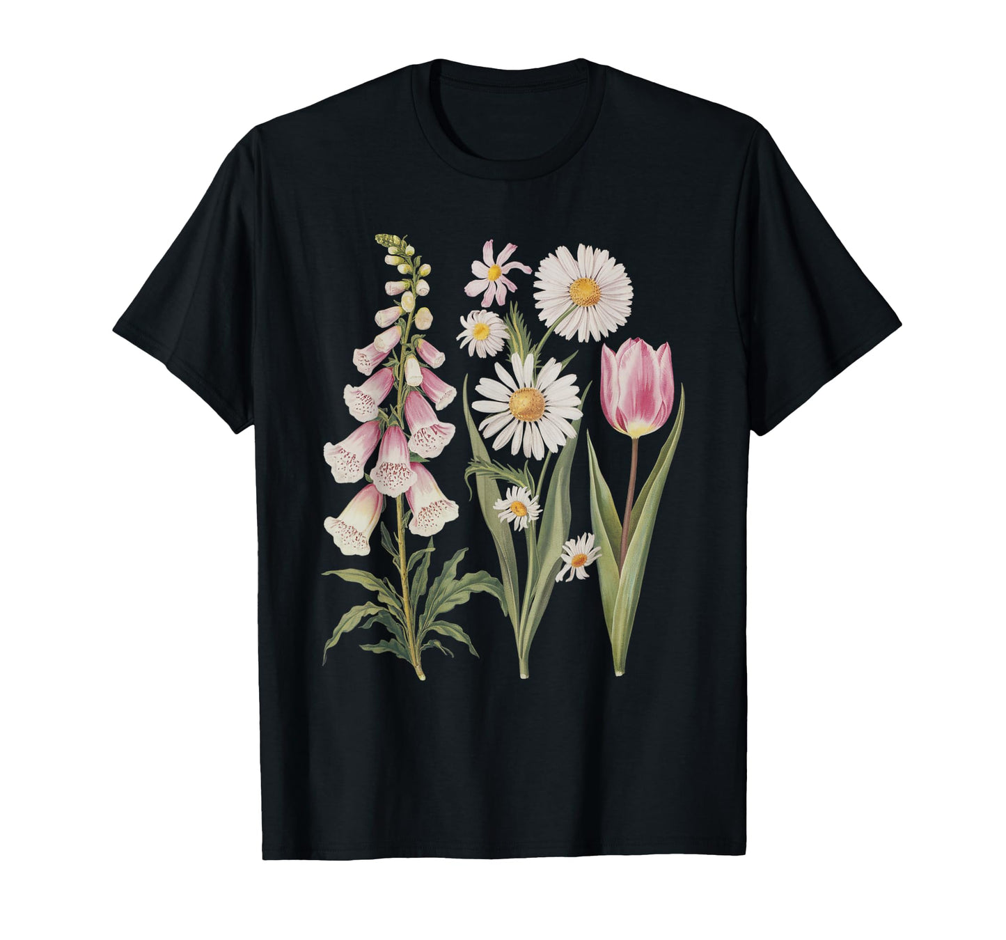 Foxglove Daisy Tulip Wildflower Garden Harmony Design T-Shirt