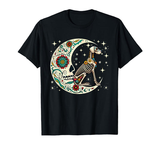 Dia De Los Muertos Halloween Moon Floral Skeleton Great Dane T-Shirt