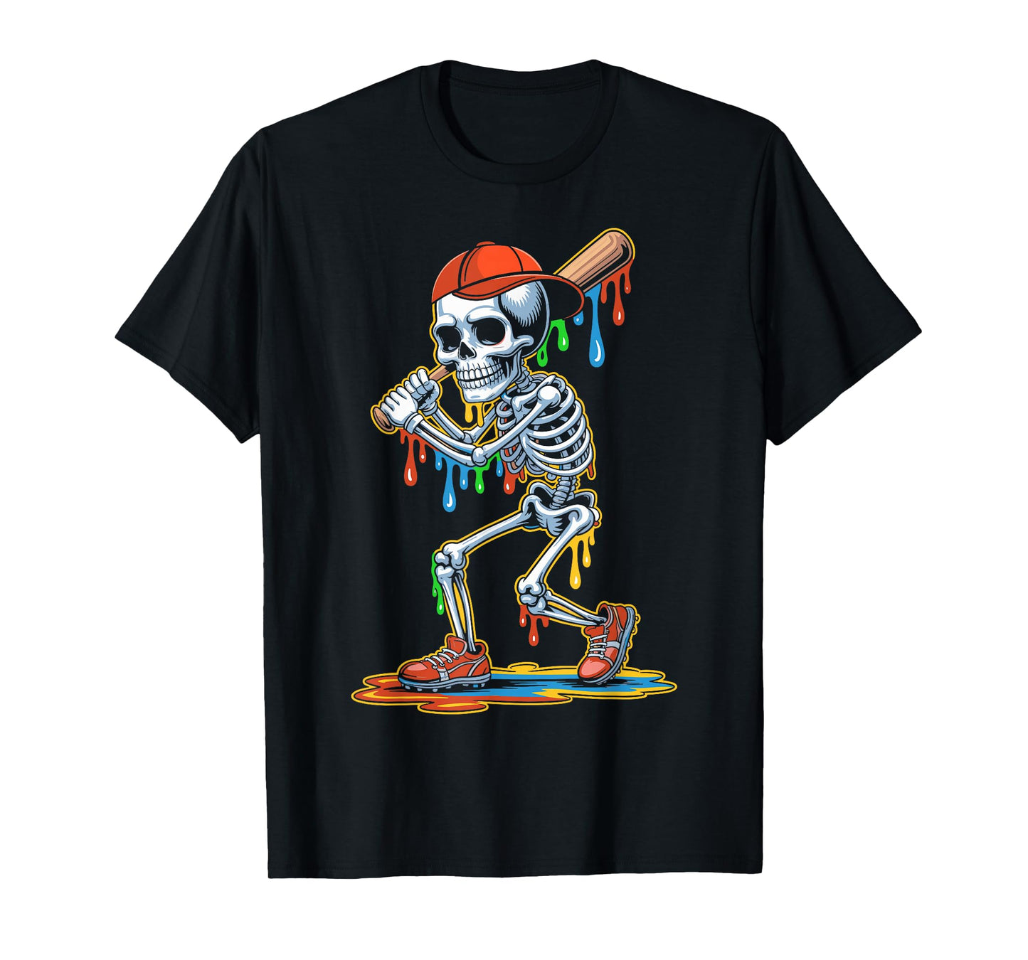 Halloween Baseball Skeleton Drip Graphic Melting Colors T-Shirt