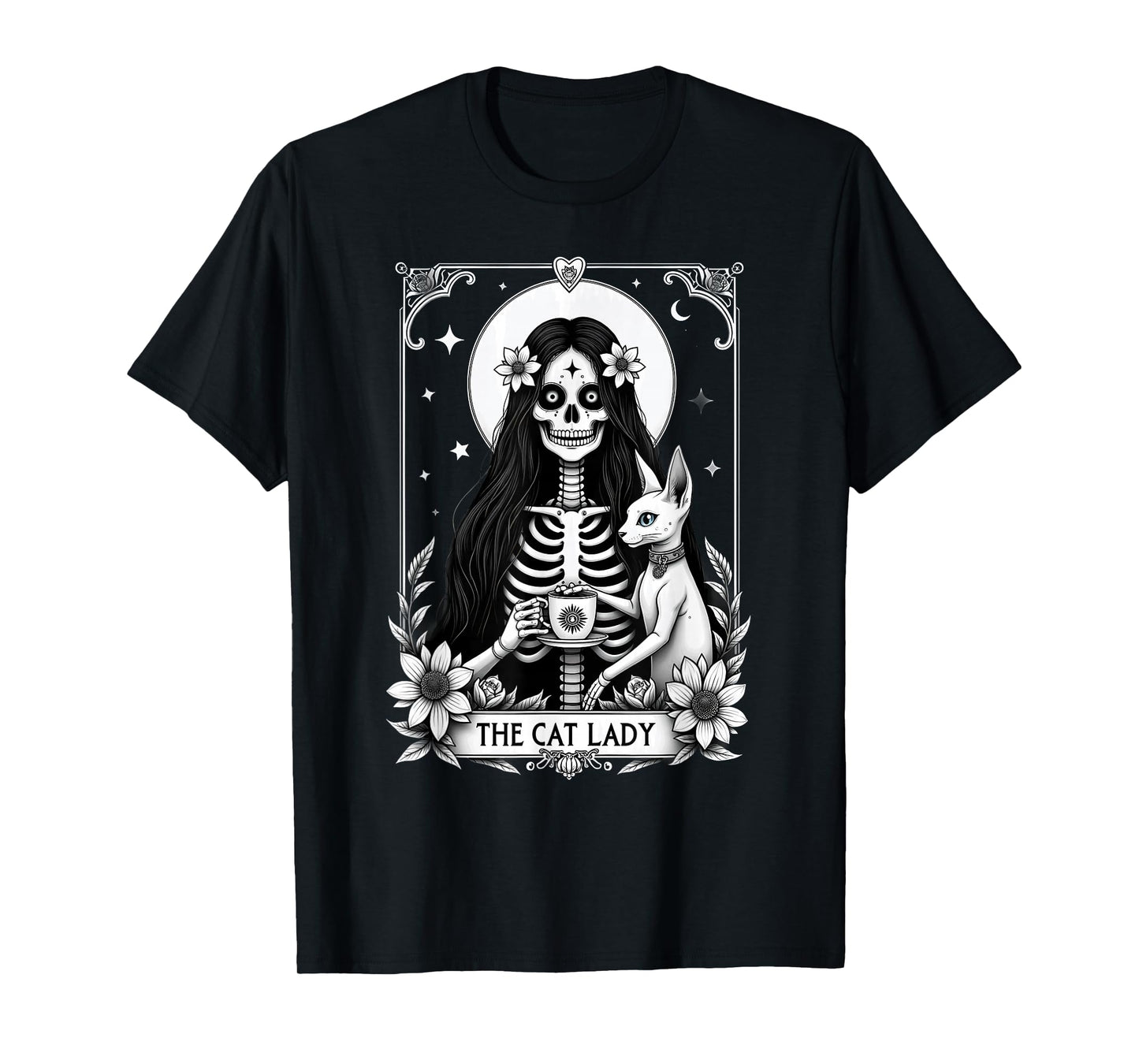 Gothic Tarot Card Cat Lady Skeleton Coffee T-Shirt