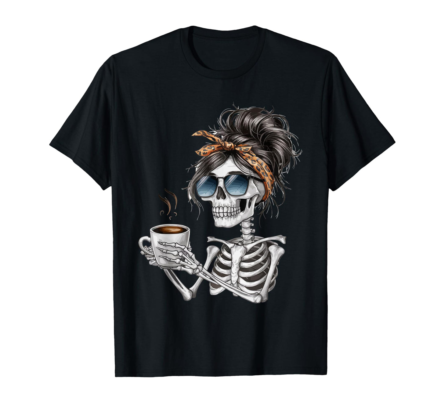 Skeleton Messy Bun Coffee Halloween Coffee Lover Women T-Shirt
