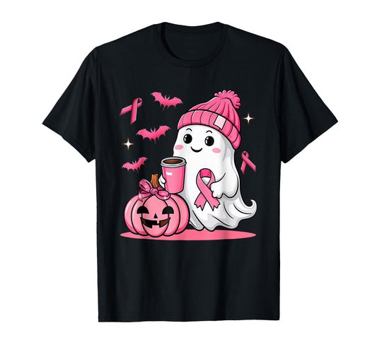 Cute Ghost Drinking Coffee Halloween Breast Cancer Awareness T-Shirt