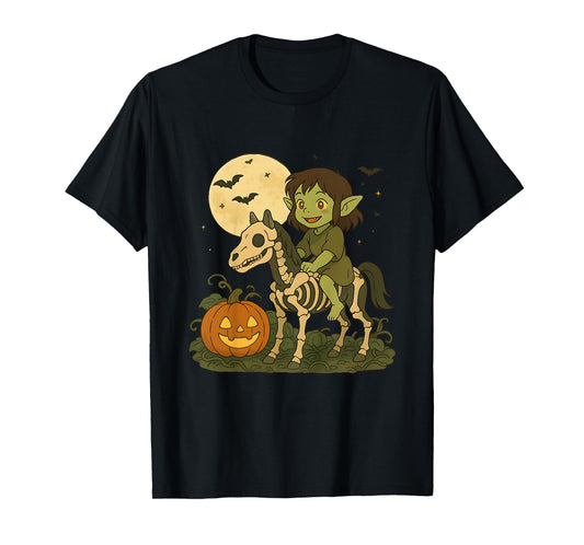 Dark Elf Goblin Troll Boy Riding Horse Skeleton Halloween T-Shirt