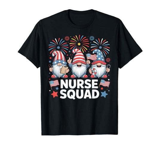 4th of July Patriotic Gnome Nurse Squad Fireworks Design T-Shirt