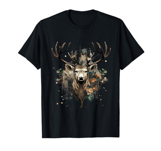 Deer Portrait Floral Artwork Wildlife Nature Animal Lovers T-Shirt