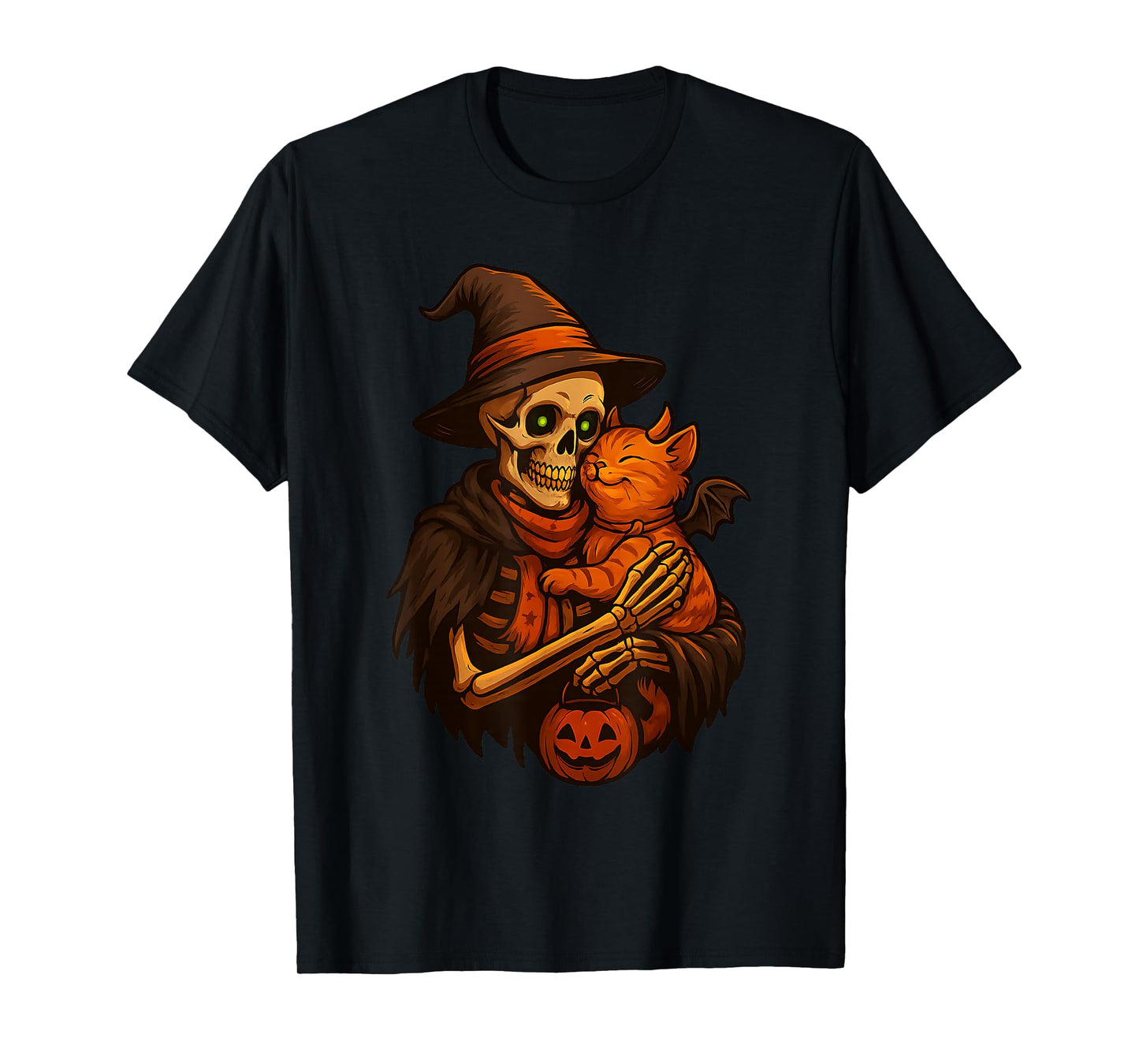Skeleton Cat Pumpkin Halloween Funny Cute Men Women Lazy T-Shirt