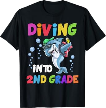 Shark Diving Into 2nd Grade Student Back To School Teacher T-Shirt for Men Women Girls Kids