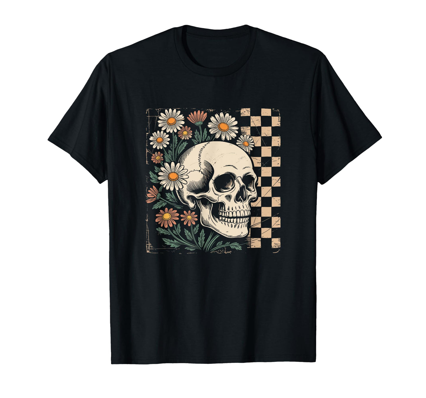 Checkered Floral Skeleton Halloween Spooky Season T-Shirt