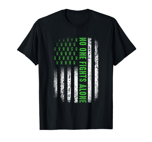 American Flag No One Fights Mental Health Alone Green Ribbon T-Shirt