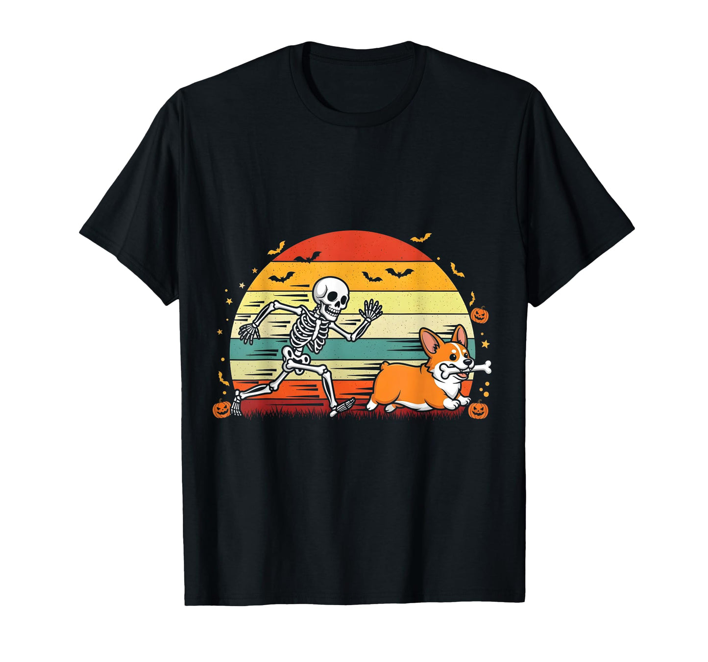 Skeleton Chasing Corgi Funny Halloween T-Shirt