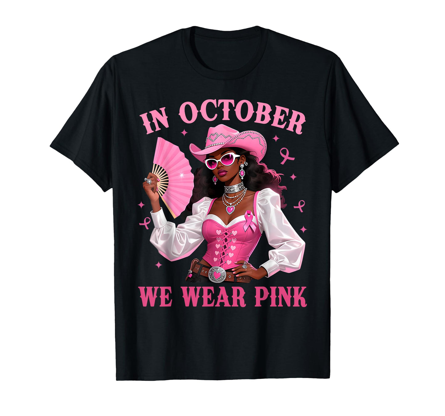 in October We Wear Pink Afro Western Cowgirl Breast Cancer T-Shirt