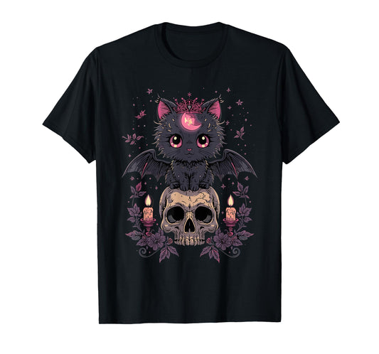 Cute Pink Bat Cat Sitting On Skull Skeleton Candles Design T-Shirt